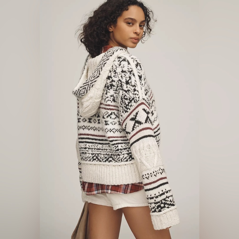 NWT! Anthropologie Ivory and Black Pilcro Relaxed Hooded Sweater - Size XS 🍟 - Picture 4 of 16